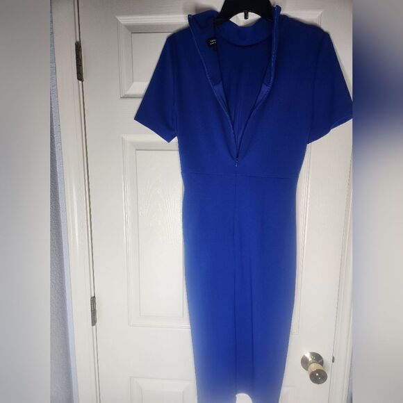 TAHARI by Arthur Levine 10 Blue Midi Stretch Crepe Shortslve Lined Knot Dress - Picture 9 of 9